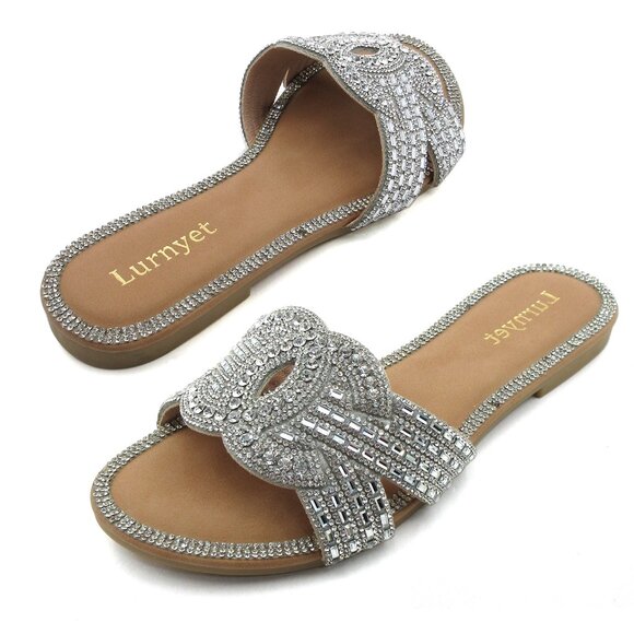 Lurnyet Women's Comfort Cushion Crystal Rhinestone Slide Flat Slip-On Sandals - Picture 1 of 6